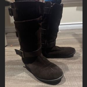 Bohemian Fall Cozy Brown Suede Mid-Calf Boots with Buckle Straps